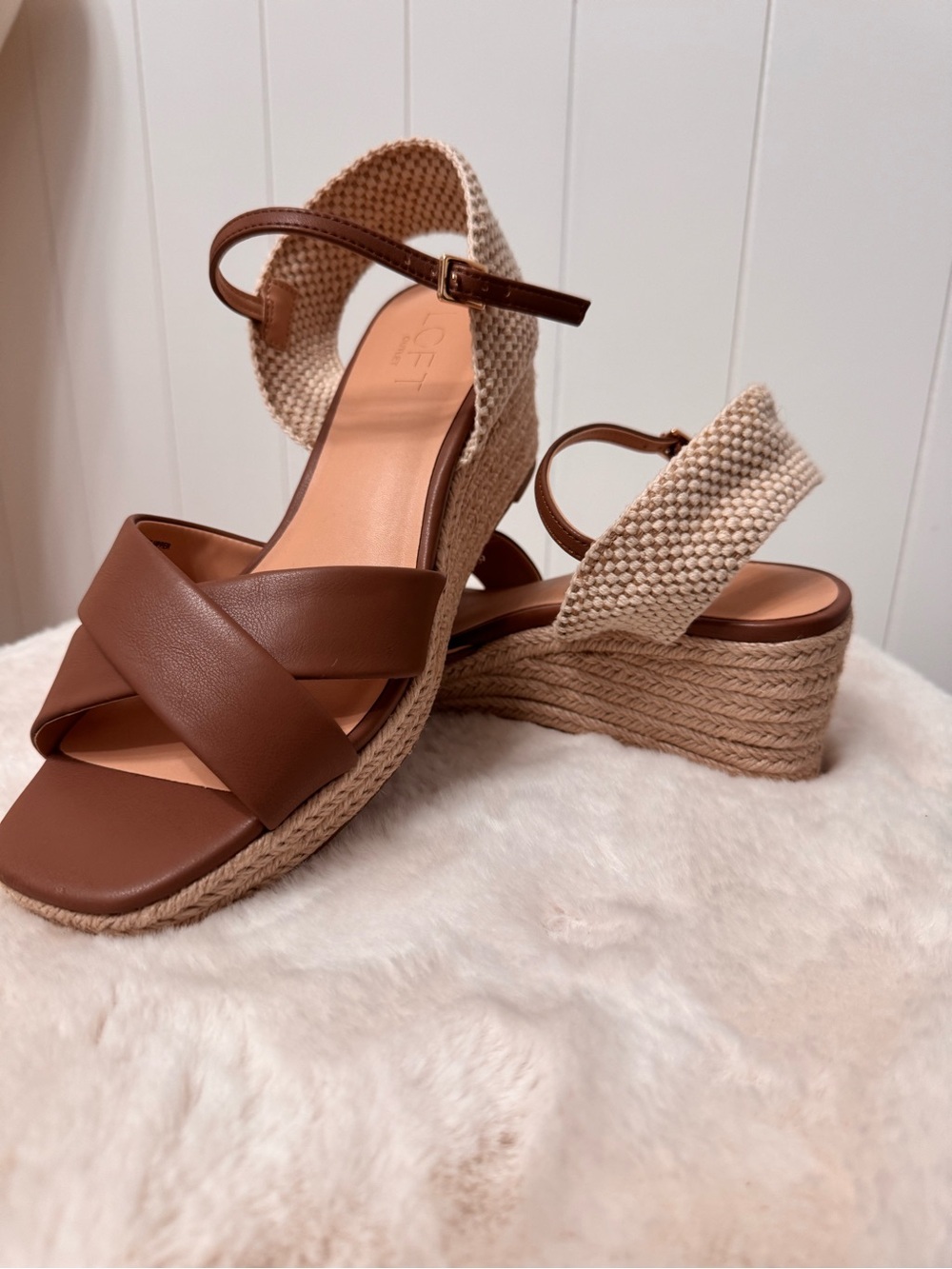 LOFT Brown Leather Cross-Strap Espadrille Wedges